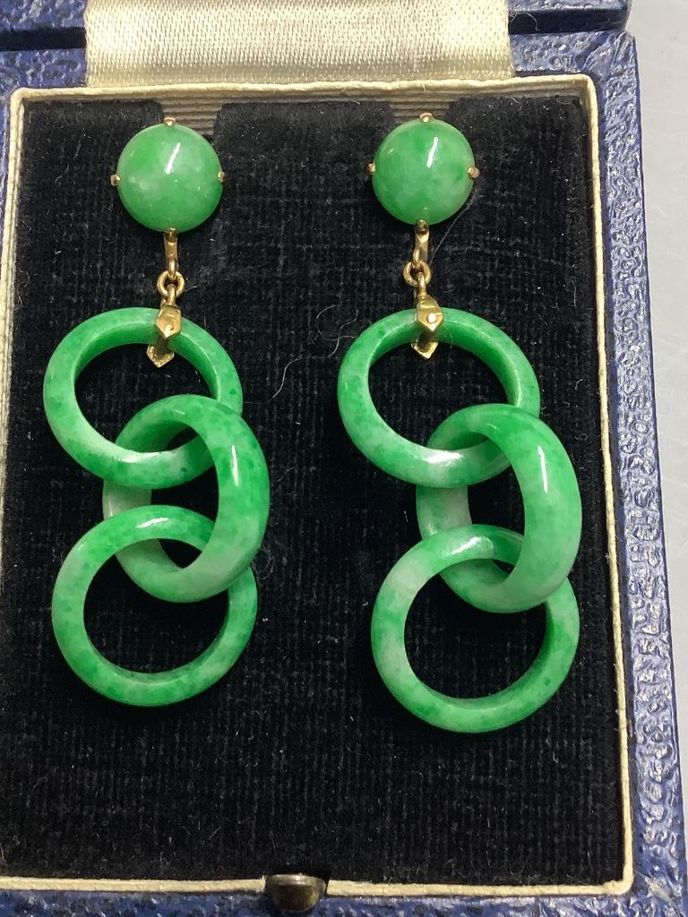 A pair of yellow metal and jade triple loop set drop ear clips